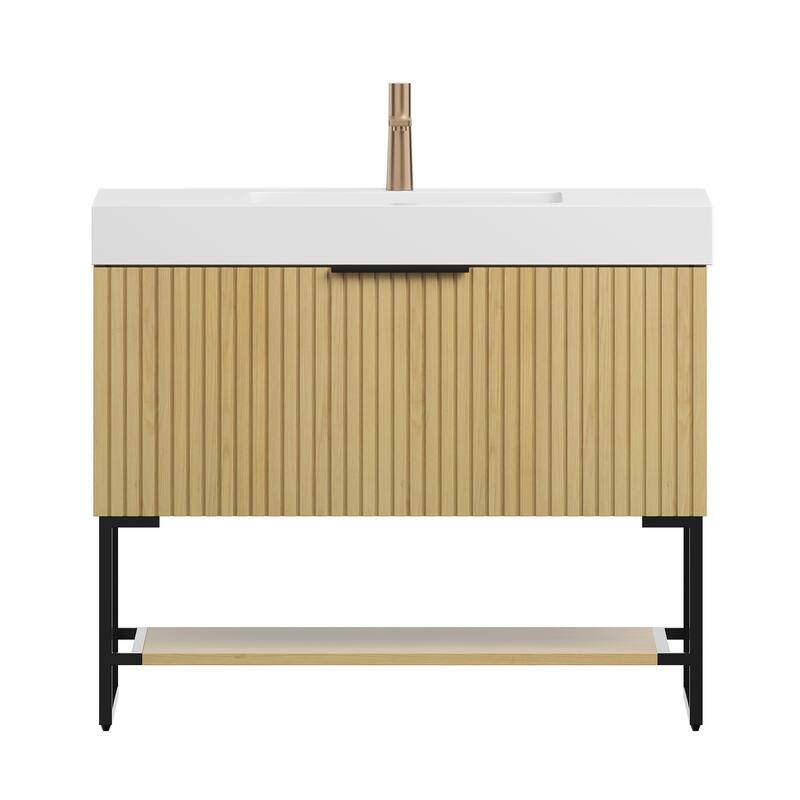 GDFStudio - Yolan 36" Freestanding Bathroom Vanity with Drawer & Open Shelf, Corolla Oak Finish & Ceramic Basin