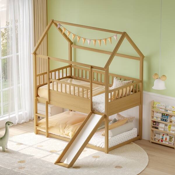 slide 2 of 16, House-Shaped Bunk Bed with Built-in Slide and High Guardrails,Twin Over Twin Natural Wood
