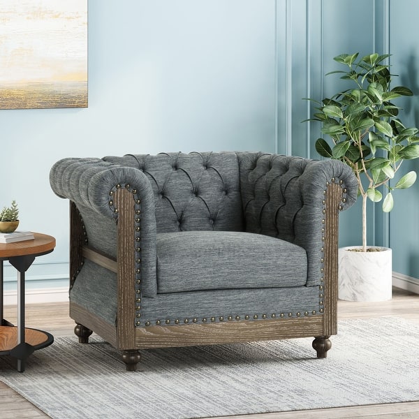 slide 2 of 5, Roomfitters Tufted Barrel Armchair with Wood Trim, Nailhead Accents and Rolled Back for Living Room or Office, Charcoal Charcoal