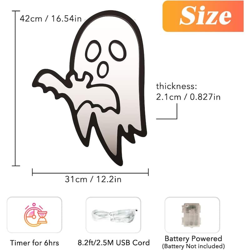 3D Ghost LED Infinity Mirror, 12x16.5", White/Green Halloween Motif, USB/Batt