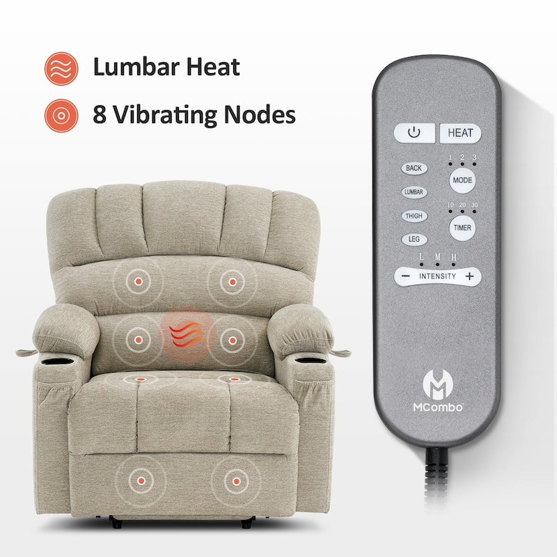 MCombo Recliner Chair Sofa with Massage and Heat for Big Elderly People,Fabric R7093(Small-Wide)