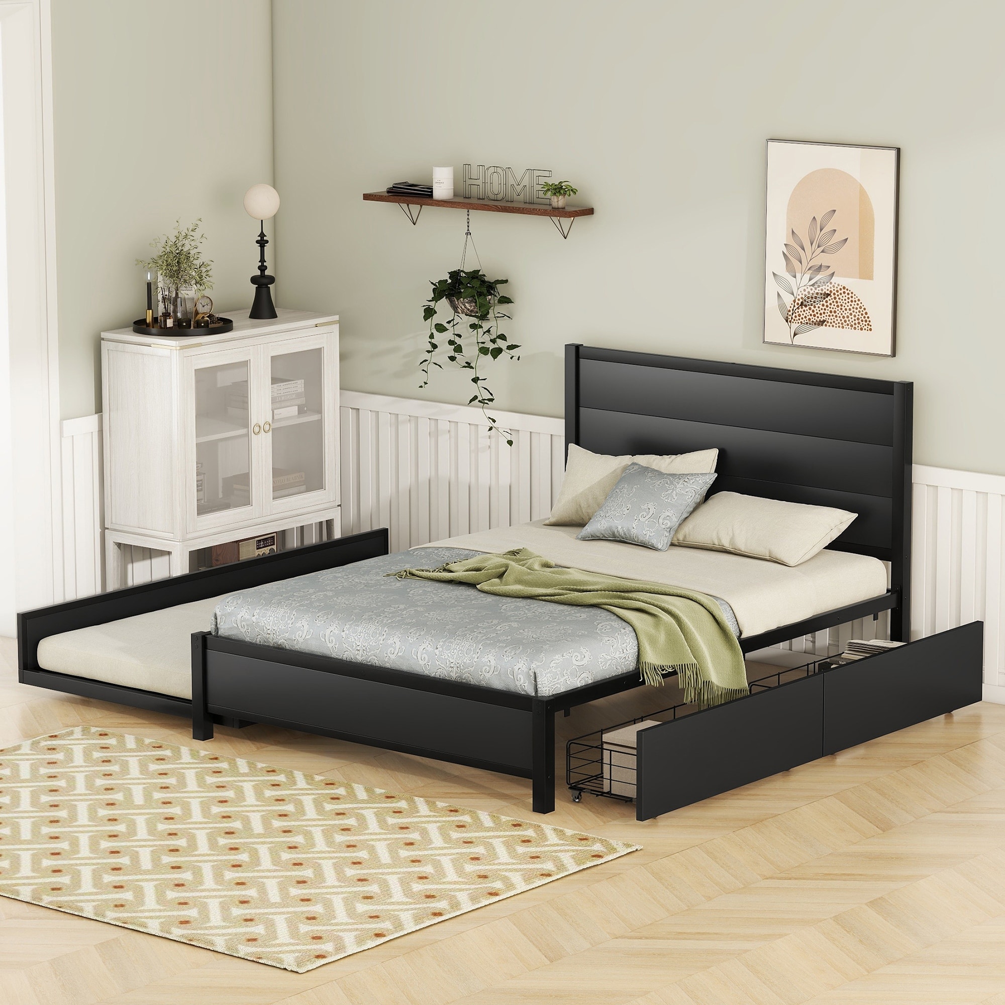 Metal Full Size Storage Platform Bed with Twin Size Trundle and 2