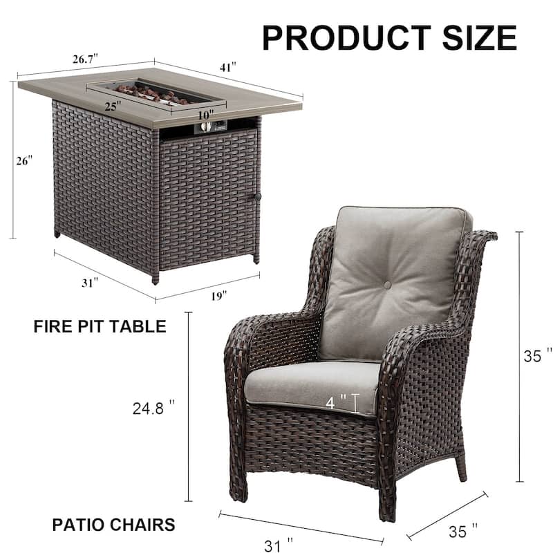 3 Pieces Outdoor Chair with Fire Pit Table - Brown