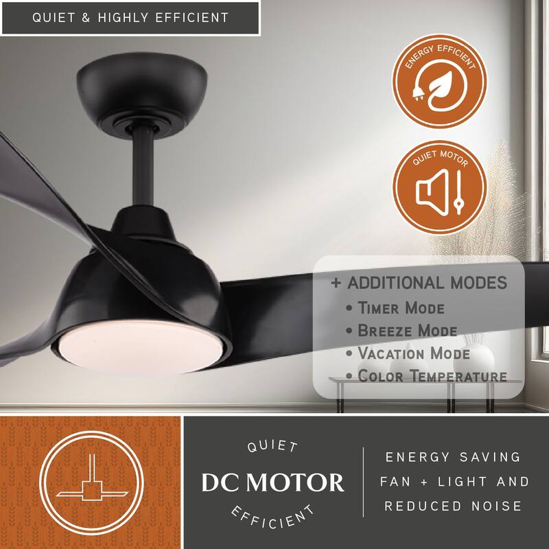 VAXCEL Crest Hill 56 in. Matte Black Indoor Ceiling Fan, Dimmable Integrated LED Light Kit, Remote Control, DC Motor