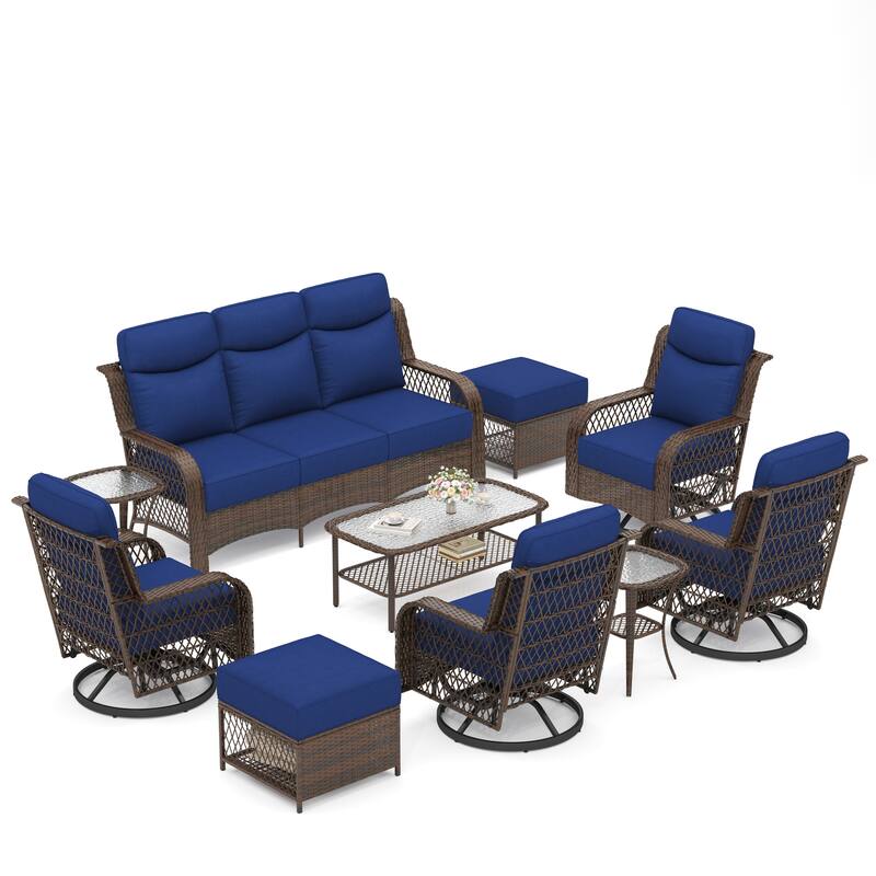 High Back Outdoor Swivel Rocker Patio Chairs Set of 2 with 5-Inch Thick Cushions and Side Table for Porch, Poolside - 10PCS - Swivel Gliders & 3-Seat Sofa