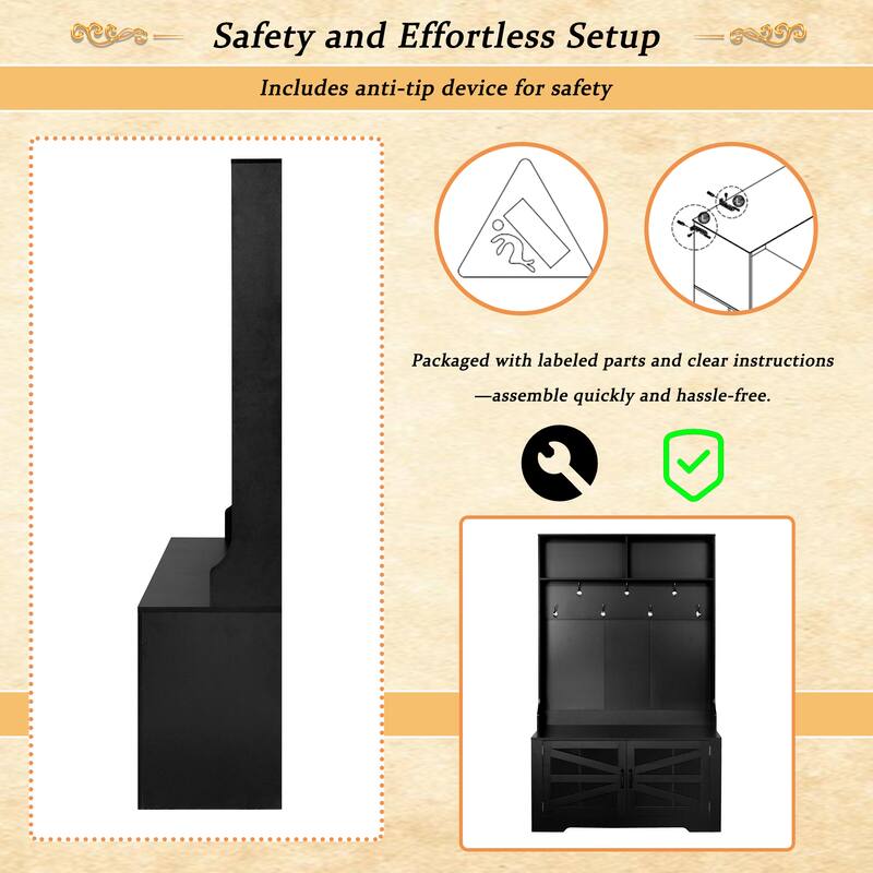 Breathable Hall Tree Cabinet Coat Rack with Adjustable Shelves & Bench Seat, Shoe Storage Cabinet with Wire Mesh Door