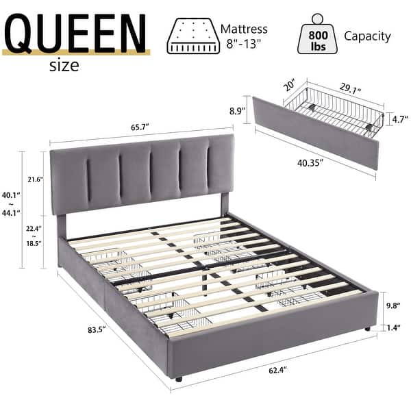 dimension image slide 5 of 17, Javlergo Bed Frame with Storage Drawers Upholstered Platform Bed Frame with Adjustable Headboard