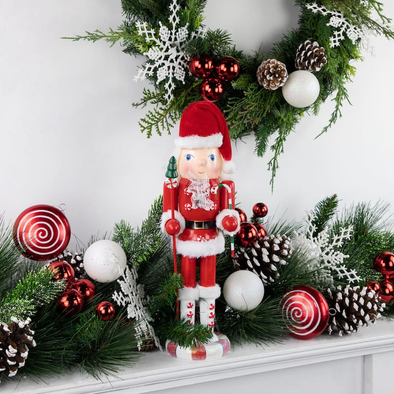13.75" Red White Peppermint Twist Mrs. Claus Wood Christmas Nutcracker