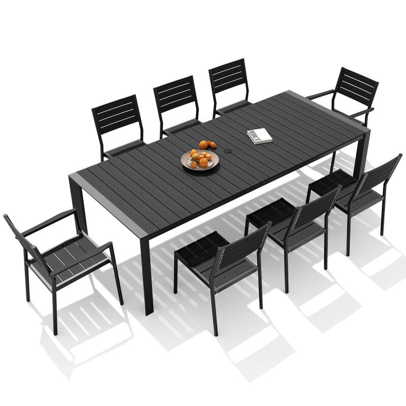 9-Piece Outdoor Patio Dining Set Wood Like Table Top Aluminum Rectangular Umbrella Hole Table with Stackable Dining Chairs