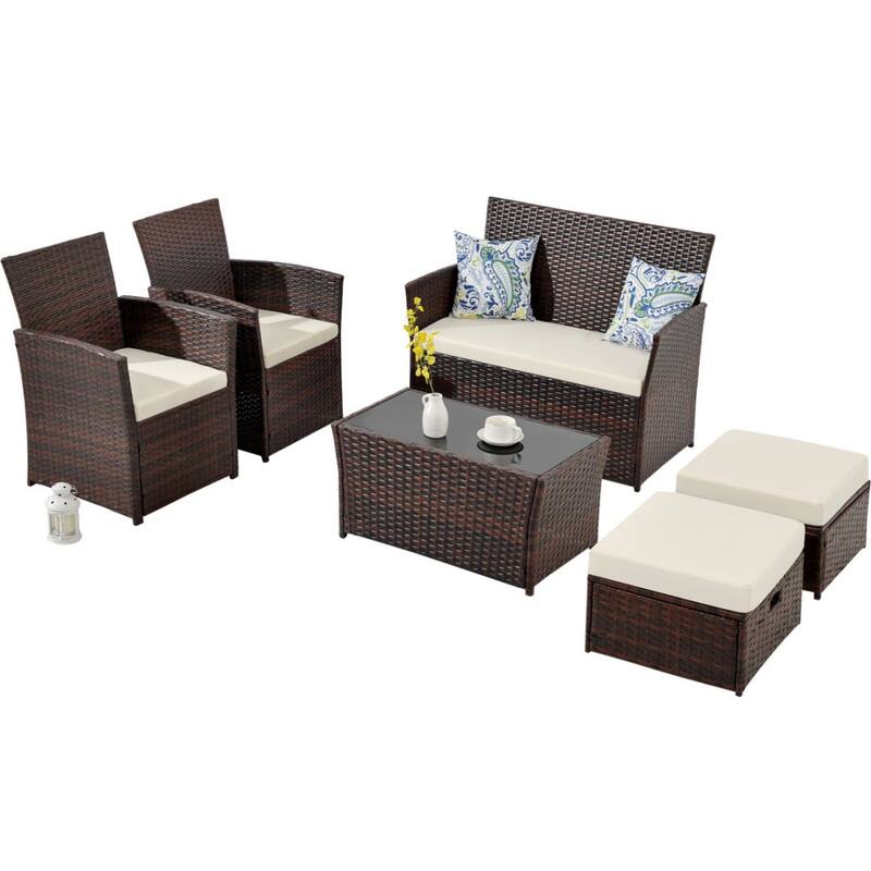6-Piece Wicker Outdoor Sofa Set, 1 Loveseats, 2 Chairs, 2 Ottomans and 1 Table