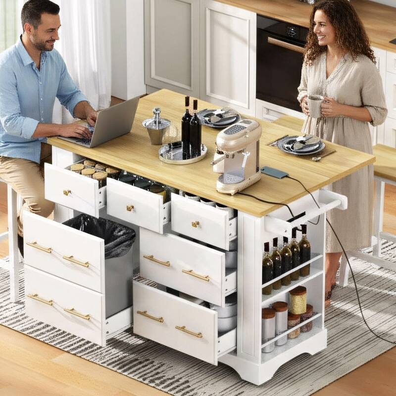 51.2" Rolling Kitchen Island with Drop Leaf, Kitchen Island with 6 Drawers, Pull Out Trash Can Storage and Power Outlet