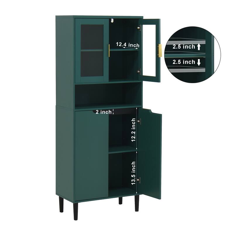 Tall Storage Show Cabinet with 2 Glass Display Door & 2 Doors, Kitchen Pantry Cabinet with Gold Handles，Cabinet Freestanding