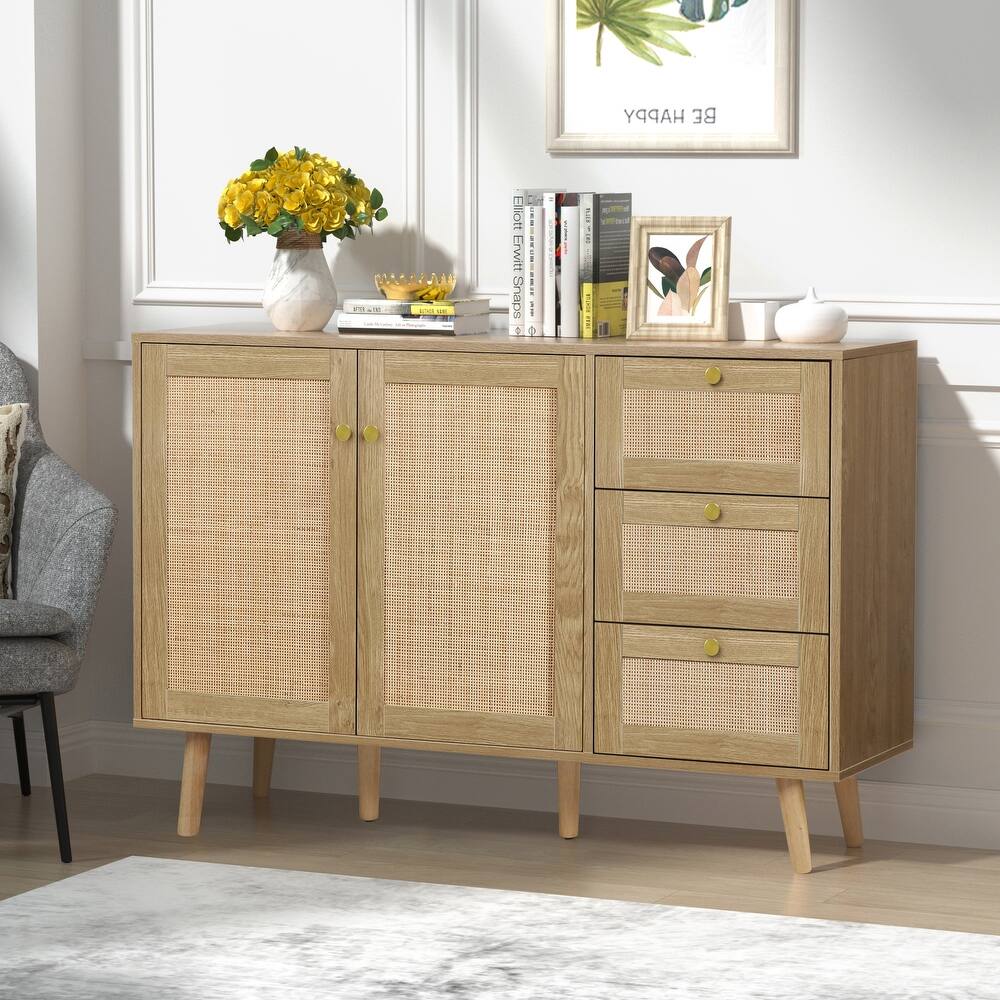 Anmytek Mid-Century Modern 2-Door Wood Rattan Buffet Sideboard Kitchen Storage Cabinet with 3 Drawers