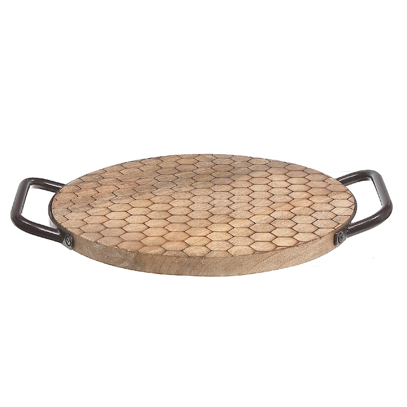 Mango Wood Honeycomb Round Tray With Handles