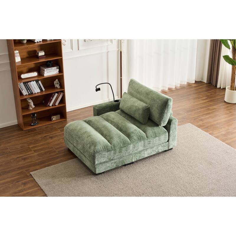 Chenille Single Sofa Chair Chaise Lounge with Phone Holder, Upholstered Recliner Sleeper Sofa Bed for Living Room