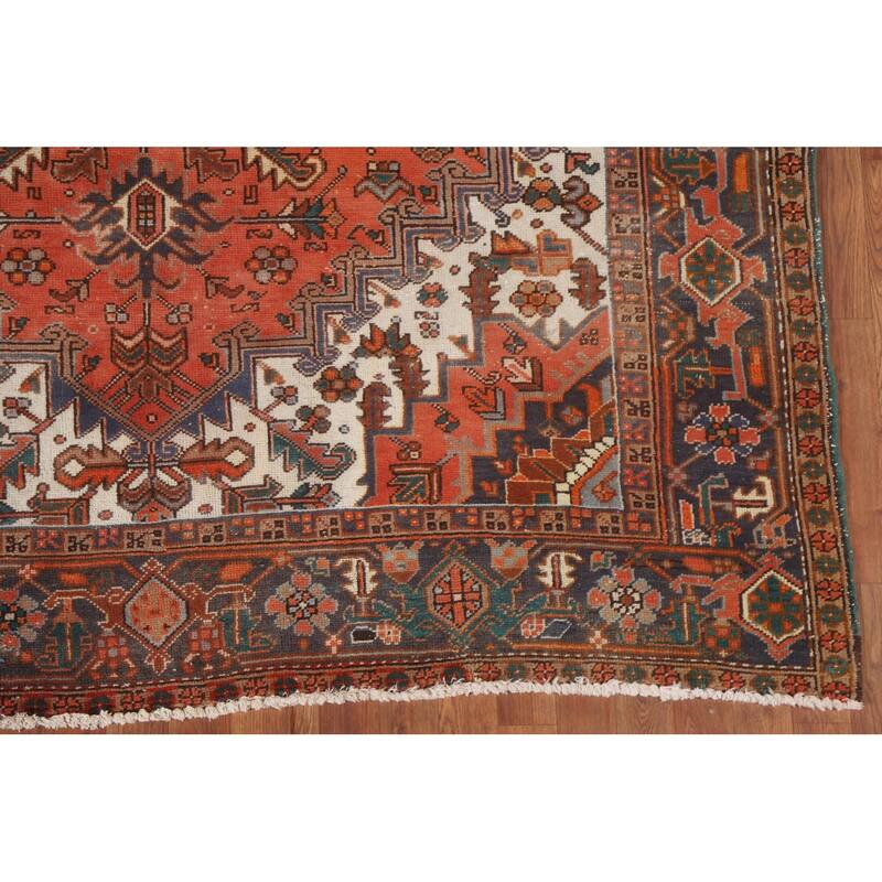 Hand Knotted Oriental 100% Wool Carpet Traditional Medallion Oranges & Rust Heriz Area Rug - 8' 9'' X 6' 7''