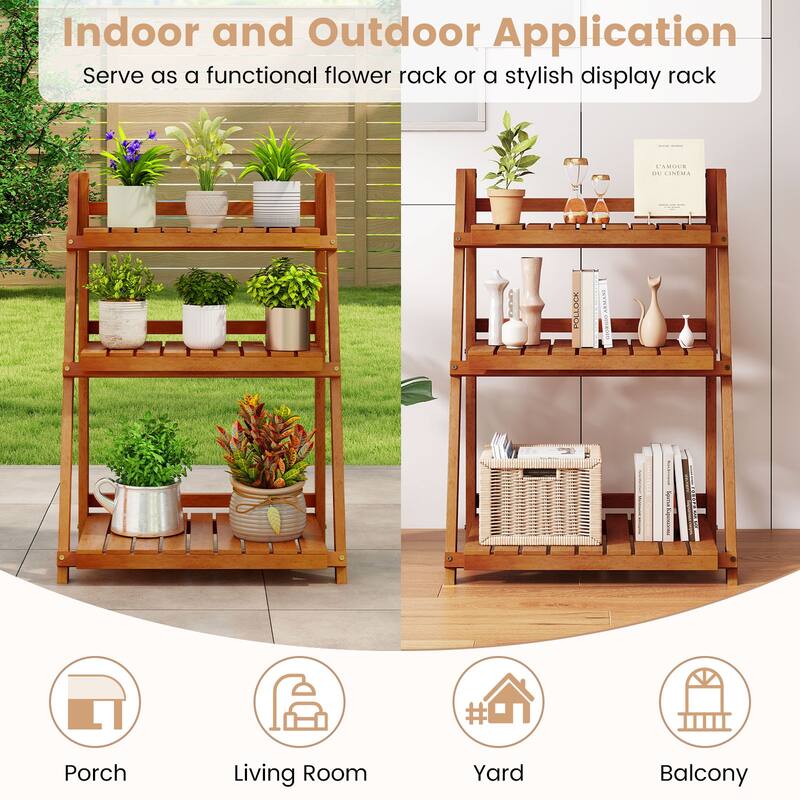 Gymax 3-Tier Wood Plant Stand Folding Flower Rack w/Ladder Design