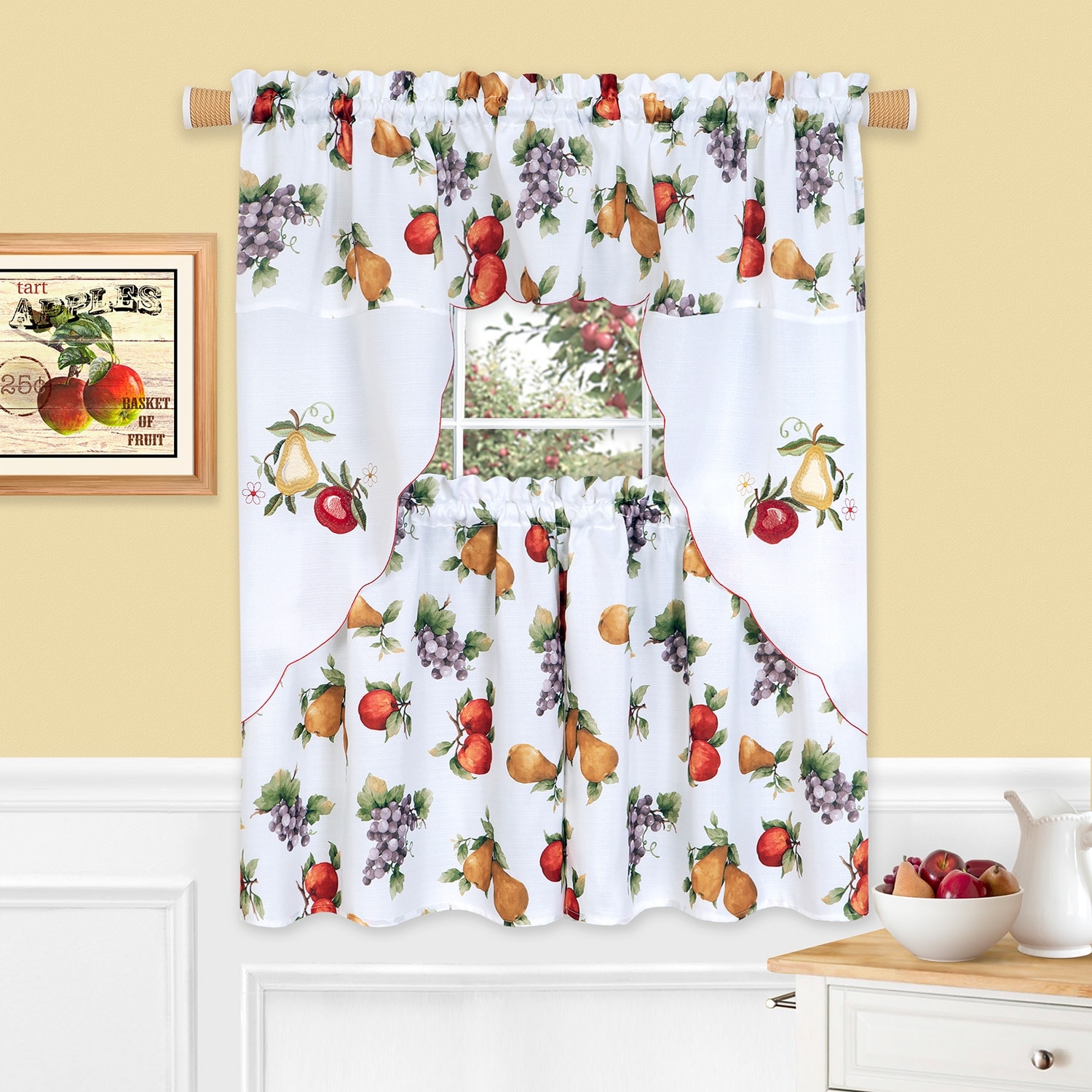 57x36 Inches Apple Orchard Printed Kitchen Curtain Set 