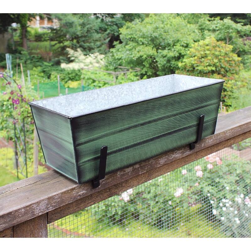 Achla Designs Medium Galvanized Steel Flower Box Planter With Brackets for 2 x 6 Railings, 24 Inch Wide