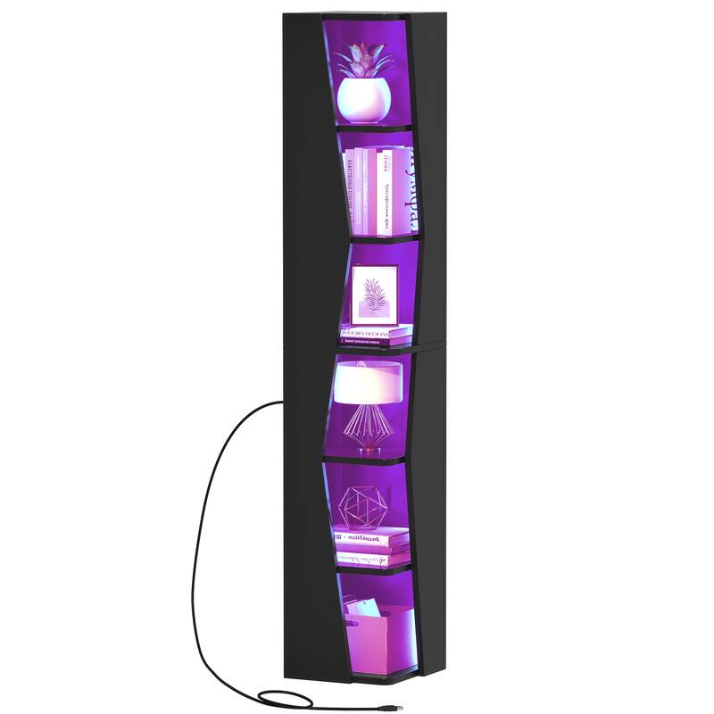 Moasis Narrow Corner Bookcase 6 Tier Display LED Bookshelves with Power Outlet - Black