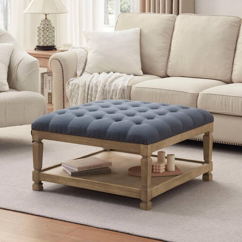 Button-Tufted Upholstered Coffee Table Ottoman with Wooden Shelf – Square Fabric Ottoman