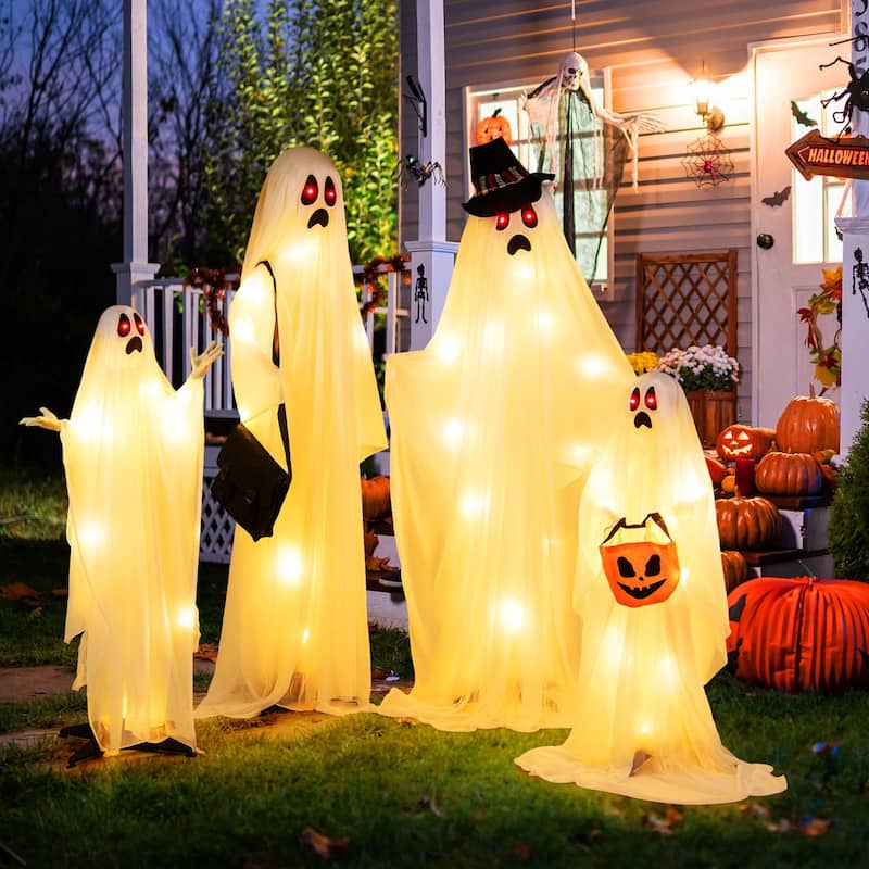 Costway 4 PCS Halloween Light up White Cloth Ghosts Life-size Standing - See Details