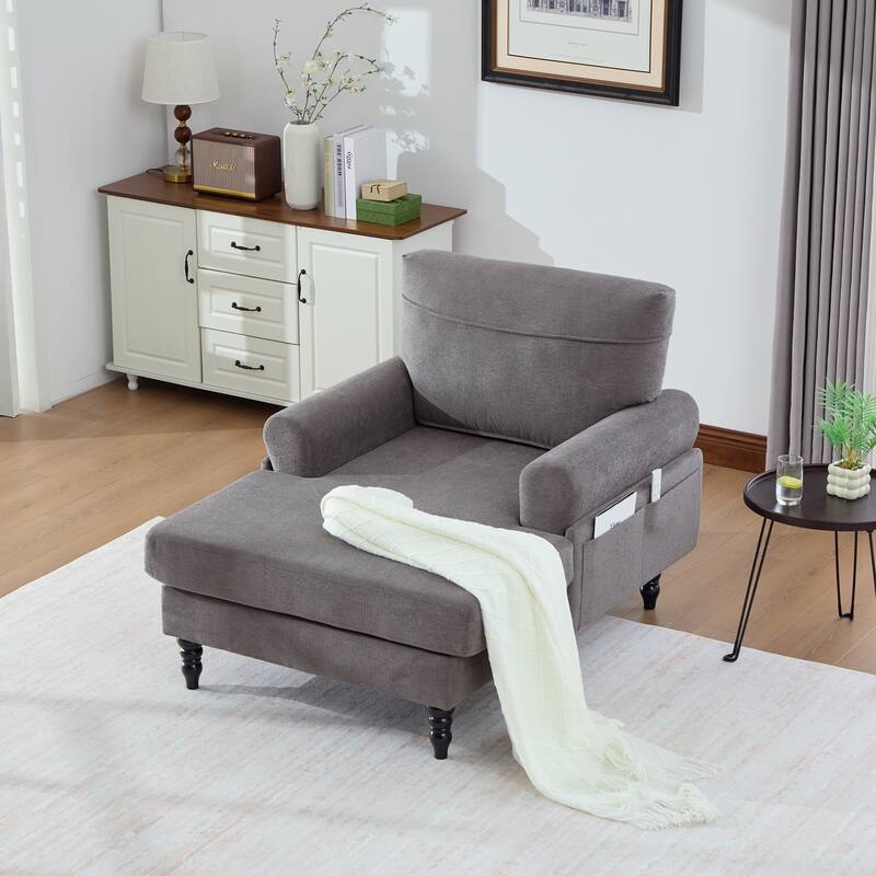 Modern Chaise Lounge Single Sofa Chair, Chenille Fabric Recliner Armchair with Side Pockets and Wooden Legs