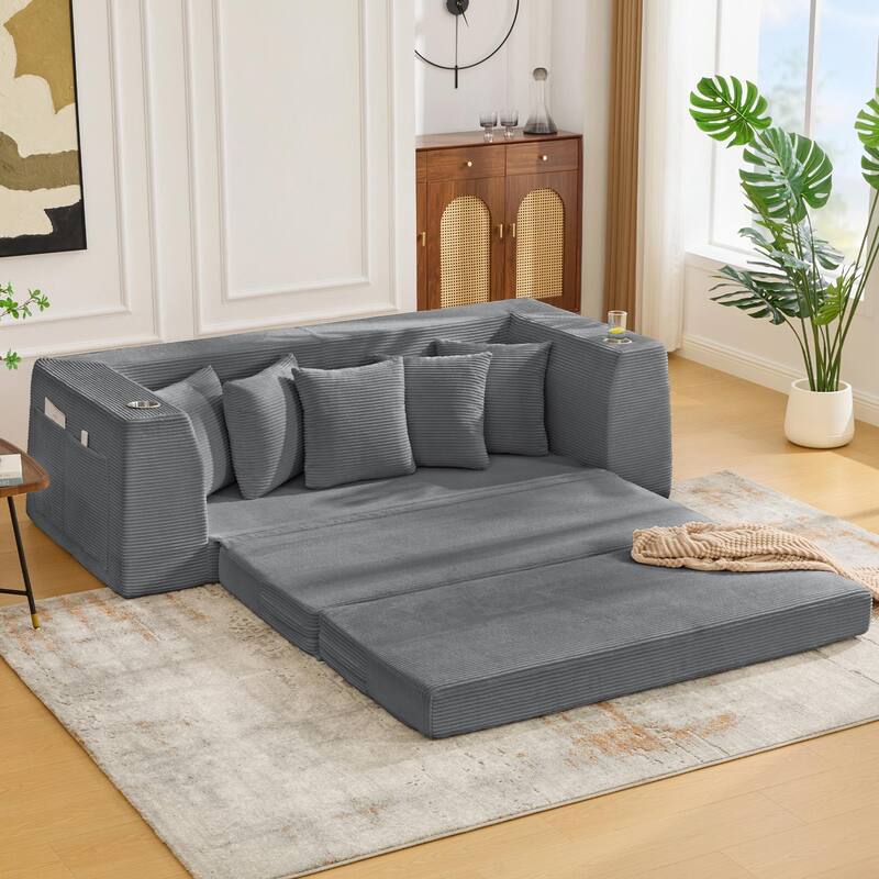 2 in 1 Convertible Sofa Bed, Sleeper Sofa with Storage Pockets, Pull Out Loveseat Couch with Two Cup Holders