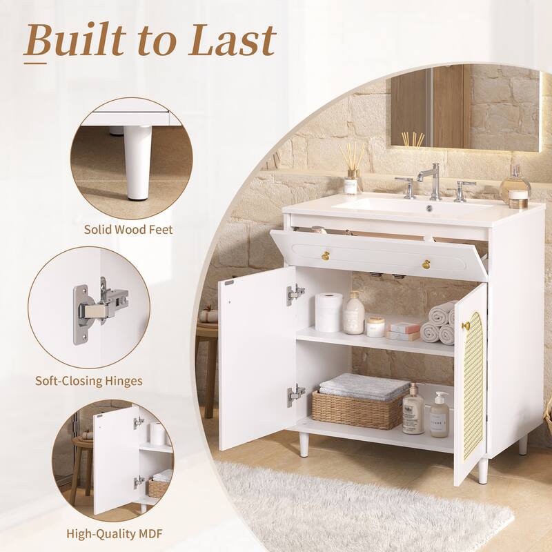 30" Bathroom Vanity with Ceramic Sink, Solid Wood Frame Bathroom Sink Cabinet with Adjustable Shelf, Tip-Drawer