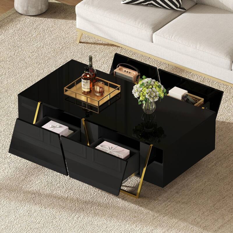 47.2" Modern Rectangular High Gloss Coffee Table - 4 Drawers, Storage, Gold Base