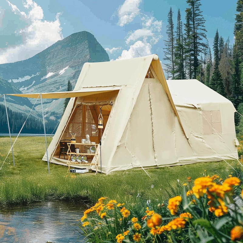 Inflatable Camping Tent for 8-12 People, with Skylights, Chimney Window, and UV-Resistant, Easy Setup for Outdoors - 13.8'x 9.8'x 8.7' - Beige