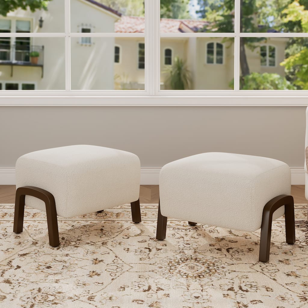 Set of 2 Boucle Upholstered Ottomans with Wooden Legs - White Decorative Pieces