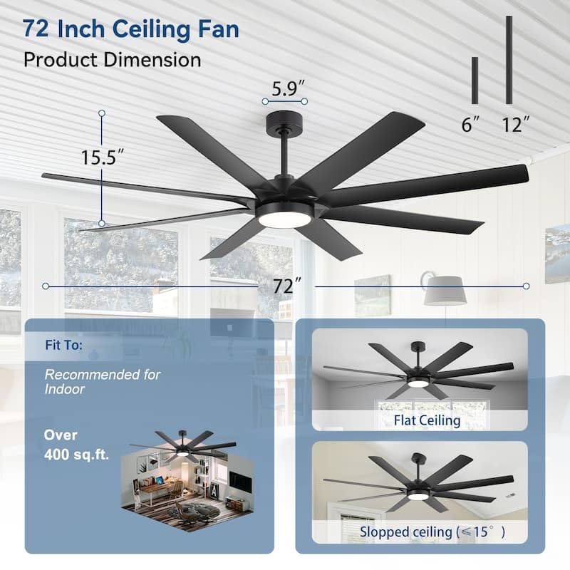 72-inch Large LED Ceiling Fan with Light and Remote(8-Blades)