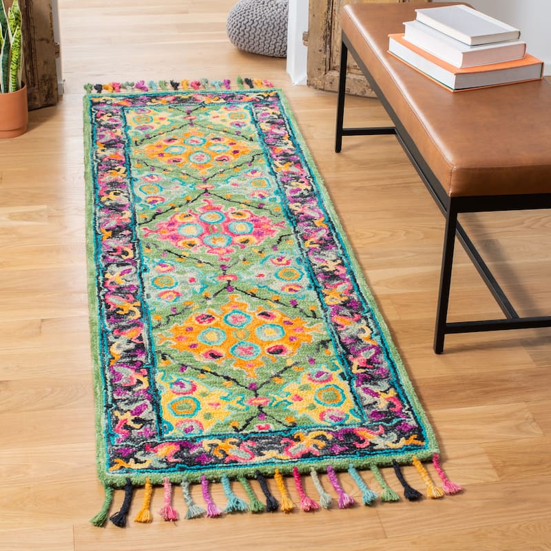 SAFAVIEH Handmade Aspen Gustl Boho Tassel Wool Rug - 2'3" x 7' Runner - Light Green/Black