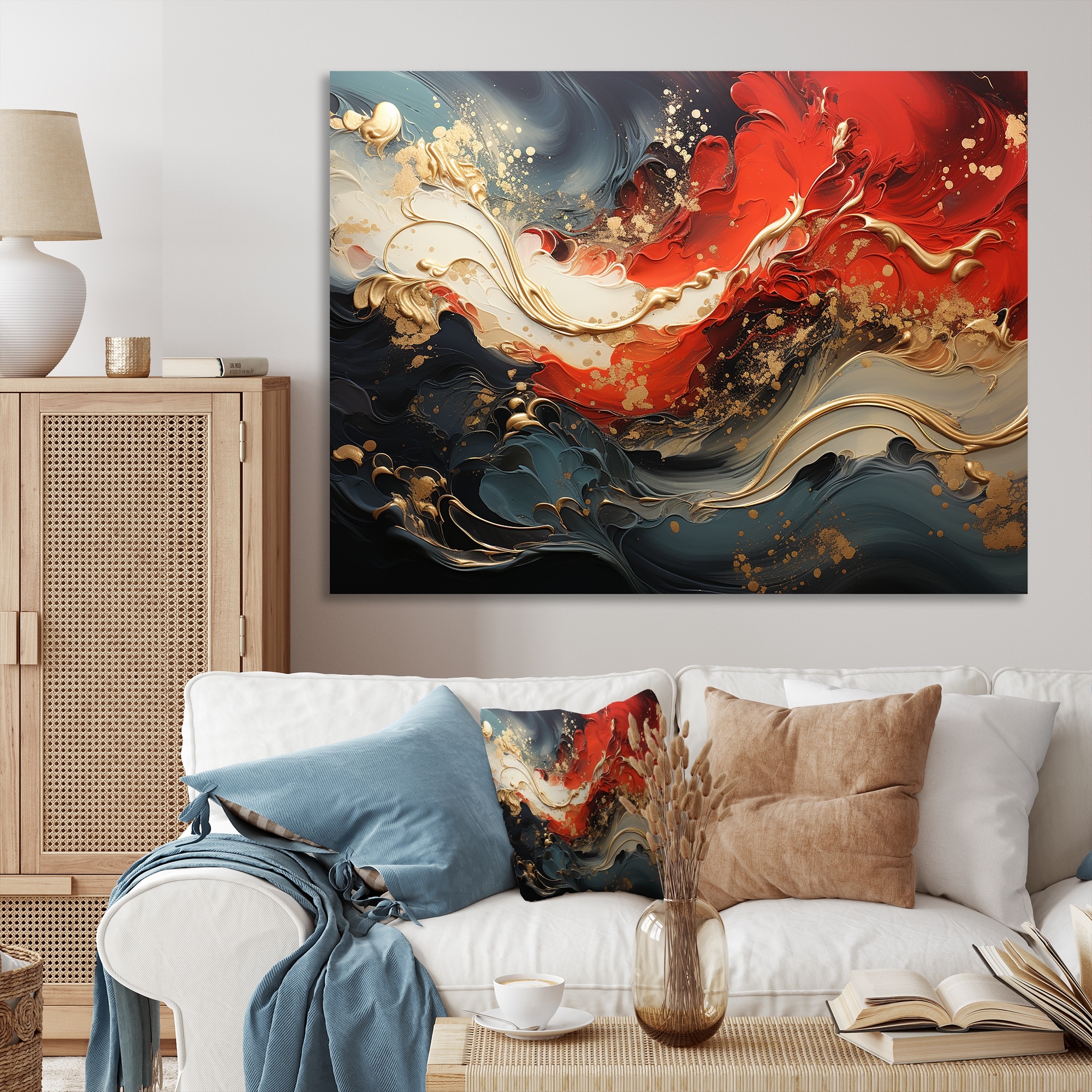 Designart "Red And Gold Marble Fire VI" Abstract Painting Red Modern Wrapped Canvas For Hallway Décor