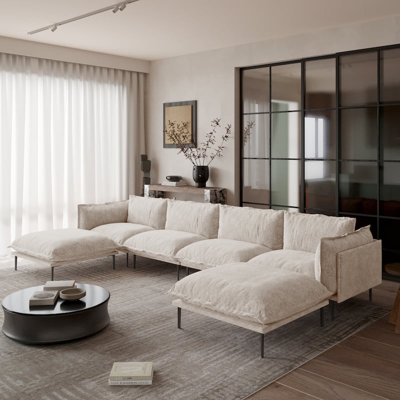 Modern Minimalist Upholstered Couches, 147" 4-Seater Cloud Modular Sectional Sofa with 2 Ottoman,U Shaped Couch for Living Room