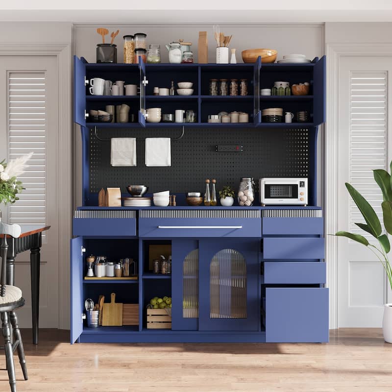 Freestanding Buffet with Hutch, Large Coffee Bar Storage Cabinet with Drawers, Cabinets with Adjustable Shelves - Blue