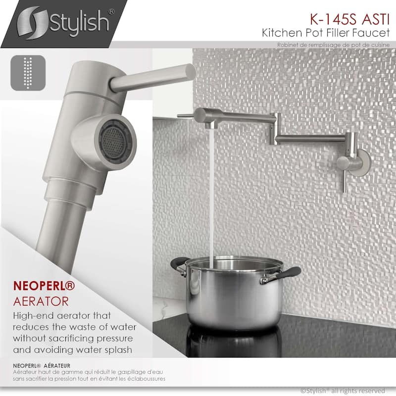 STYLISH Stainless Steel Wall Mount Pot Filler Folding Stretchable with Single Hole Two Handles