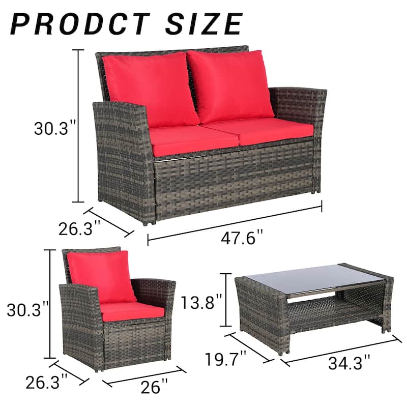 4-Piece Outdoor Patio Rattan Conversation Sofa Set with Tempered Glass Coffee Table