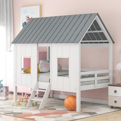 Low Loft Twin House Bed with Roof, Windows, and Guardrails, Fun Kids Bed