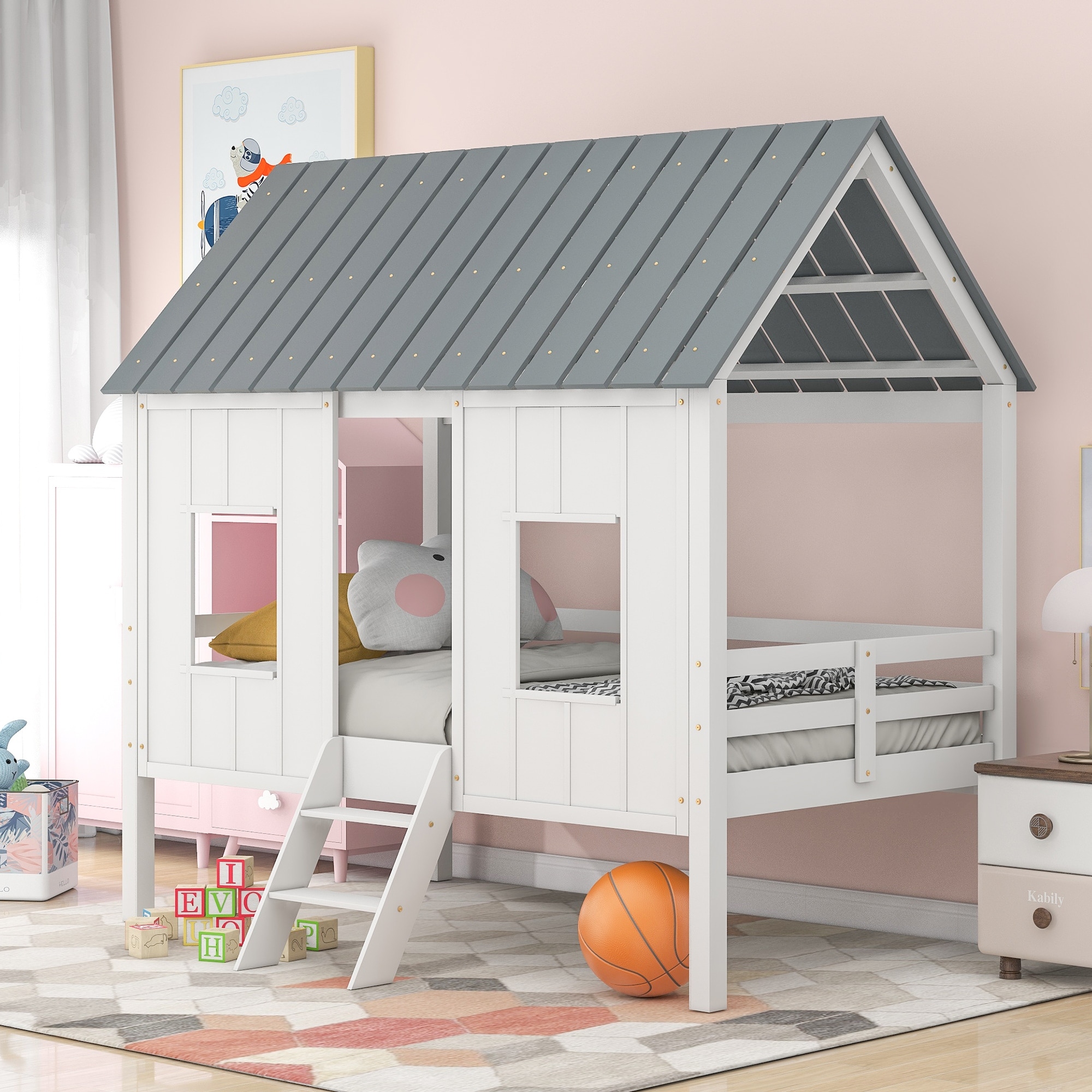Twin Kids House Bed, White Wood Low Loft Bed with Roof & Windows, Sturdy Pine Frame, No Box Spring Required