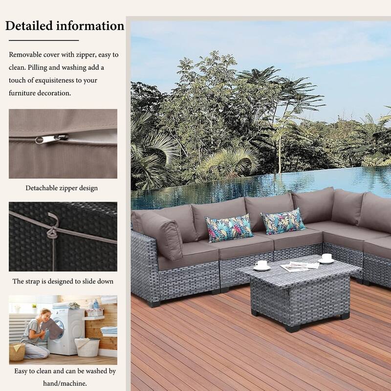 14pcs Outdoor Couch Cushions,4" Waterproof Sectional Rattan Conversation Set Cushions(Only Cushions+Covers,No Sofa) - 14PCS