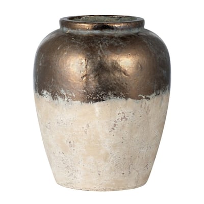 16" Bronze and Beige Large Ceramic Wide Mouth Candia Vase