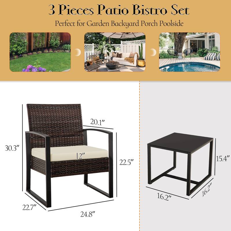 3-Pieces Wicker Patio Conversation Set Outdoor Chairs with Cushions