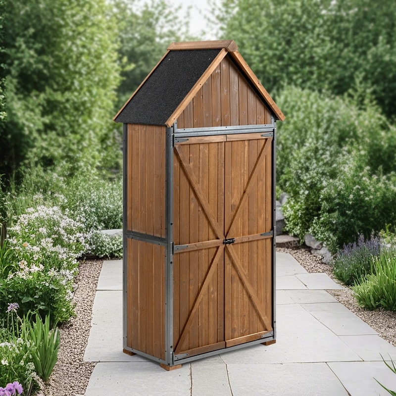 Outdoor Storage Cabinet 32.3"L×21"W×67"H - Metal Frame Garden Tool Shed for Backyard, Patio, Lawn (Brown)