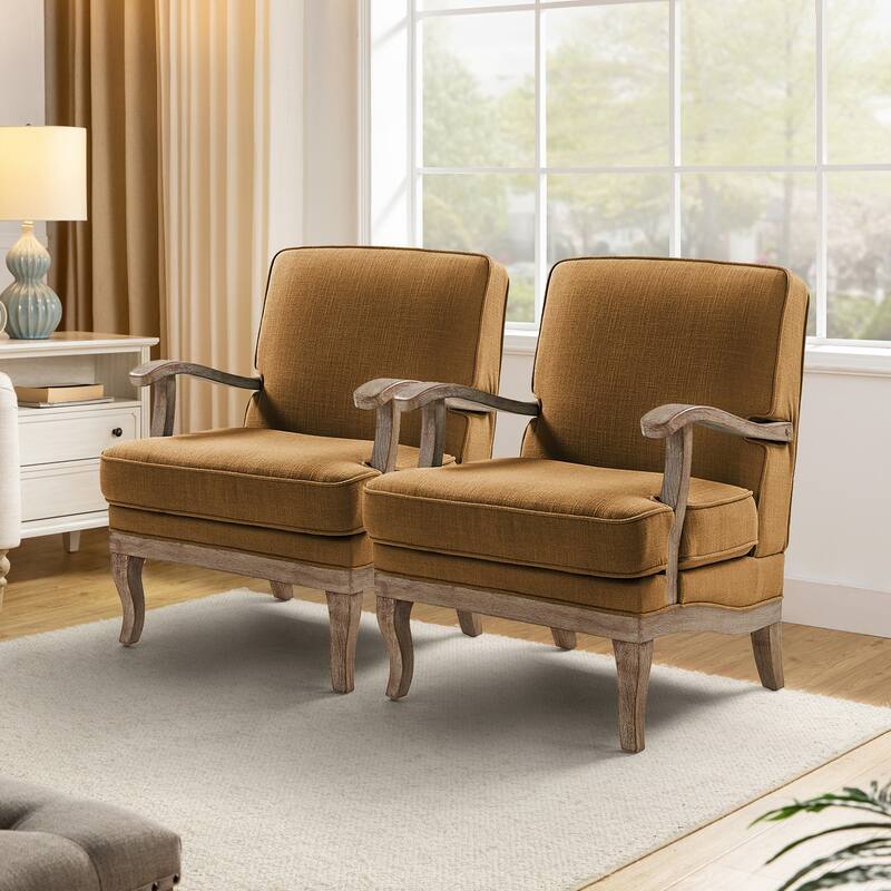 HULALA HOME Rinaldo Farmhouse Polyester Armchair with Comfortable Backrest and Solid Wood Legs Set of 2