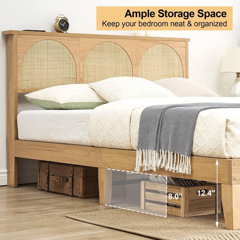 Bed Frame with LED Light and Rattan Headboard