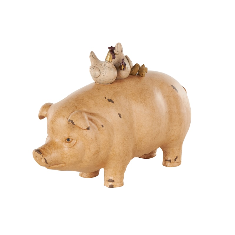 Light Brown Resin Pig Decorative Sculpture with Roosters and Chicks - 6"W x 15"L x 11"H