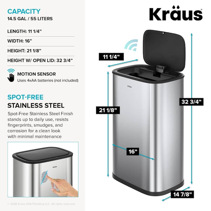 KRAUS WasteGuard 14.5 Gal 55 Liter Motion Sensor Kitchen Trash Can