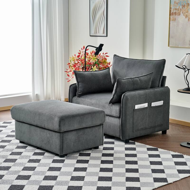 55"Oversized Chaise Lounge Chair with Ottoman and Storage, Upholstered Deep Seat Chaise Lounge with Pillows - Grey